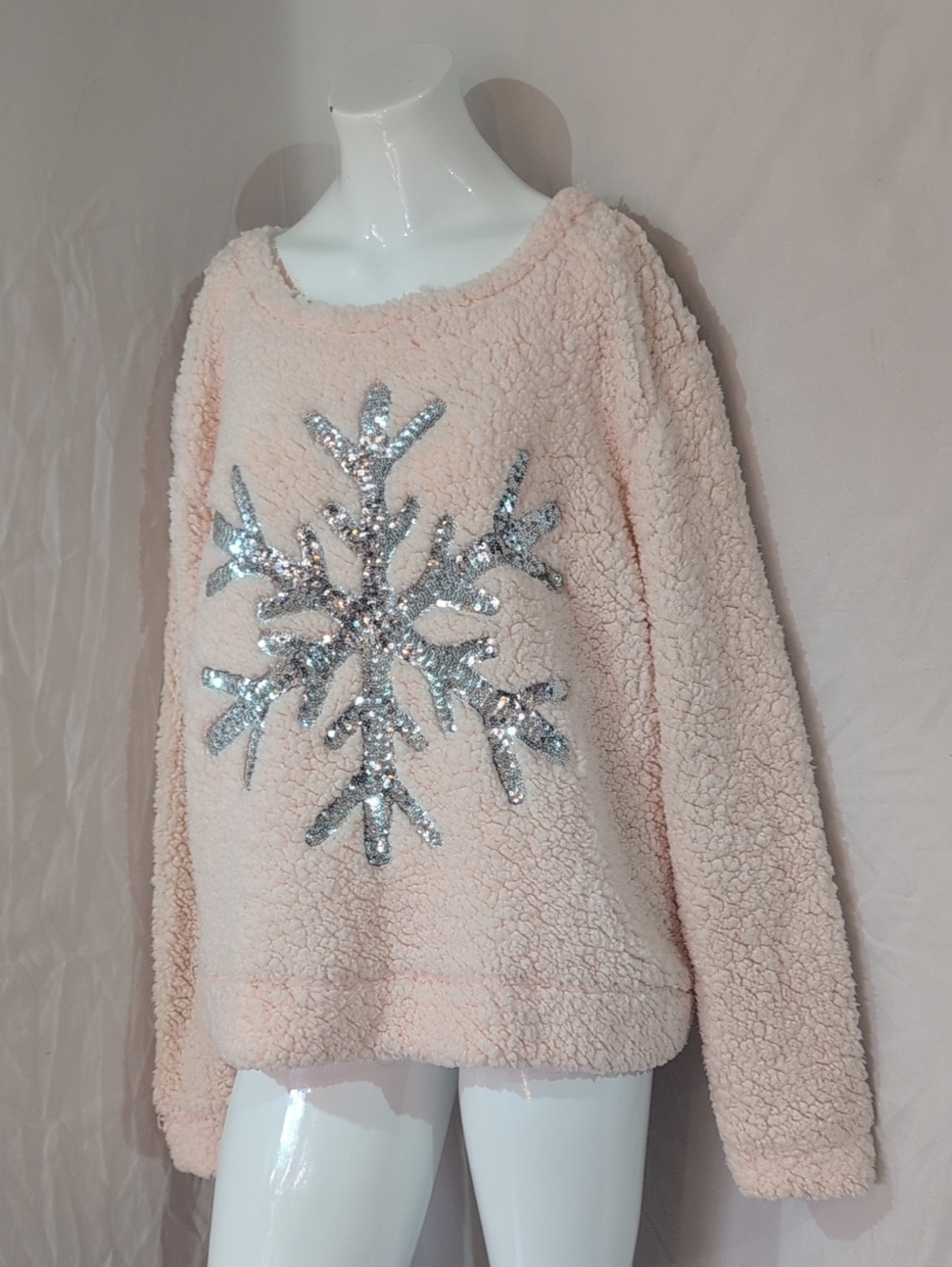Chance or Fate Pink Sherpa Sweater with Silver Sequin Snowflake